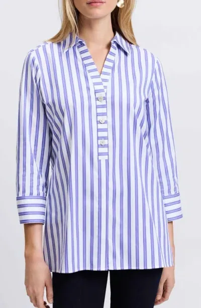 Foxcroft Pamela Stripe Cotton Blend Tunic Shirt In Lapis/white