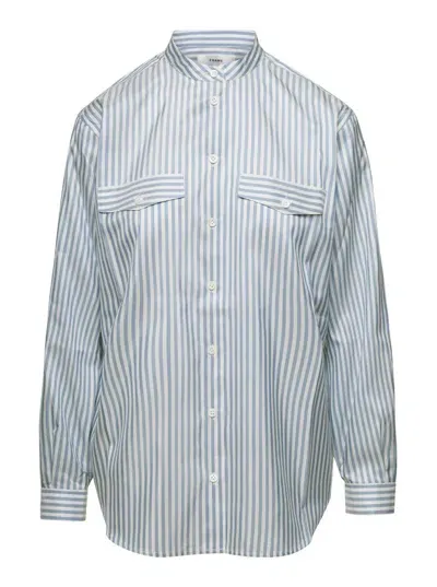 Frame Femme Pocket Silk Striped Shirt In Blue