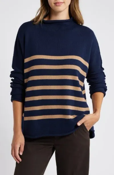 Frank & Eileen Monterey Stripe Cotton Funnel Neck Sweater In Navy W/camel Stripe