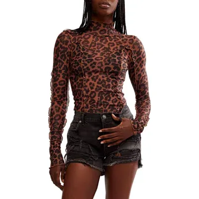 Free People Charlie Print Turtleneck Mesh Top In Cats Meow