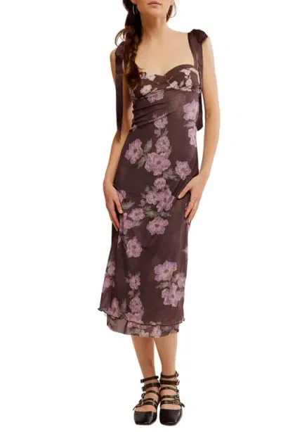 Free People Floral Layered Mesh Slipdress In Chocolate