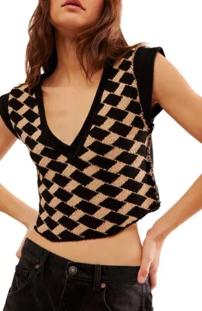 Free People Lola Crop Sweater Vest In Black And Tan Combo