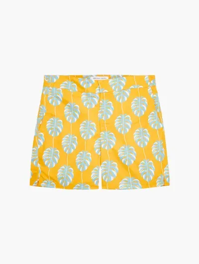 Frescobol Carioca Classic Swim Shorts Botânico Leaf Print In Sunset Yellow/cool Blue