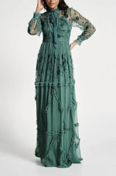 Frock And Frill Floral Embroidered Maxi Gown In Green