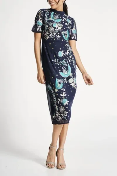 Frock And Frill Floral Embroidered Midi Gown In Navy