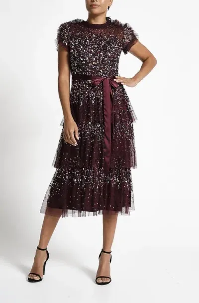 Frock And Frill Sequin Embellished Midi Gown With Tie Waist Detail In Tawny Port