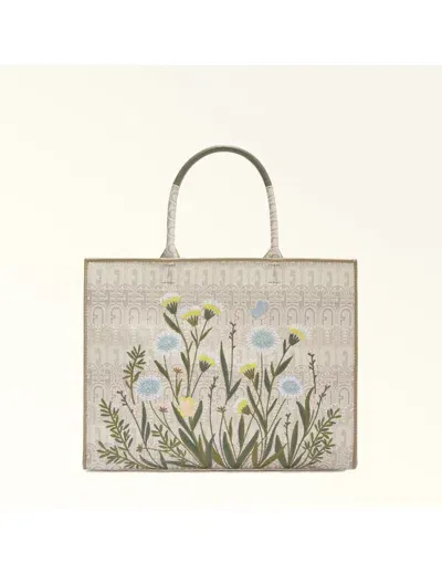 Furla Opportunity L Tote In Embossed Jacquard With Floral Details In Natural Tones