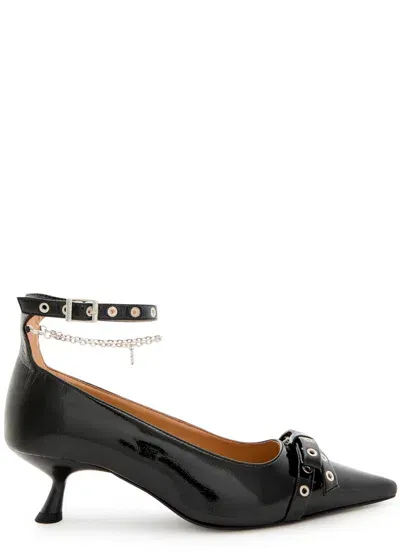 Ganni 50 Chain-embellished Patent Leather Pumps In Black