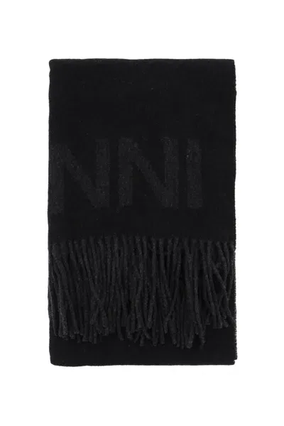 Ganni Logo Lettering Scarf In 黑色的