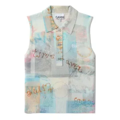 Ganni Sleeveless Printed Cashmere Sleeveless Polo In Multi