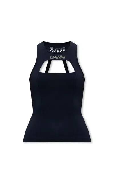 Ganni Active Logo Printed Open Back Tank Top In Navy