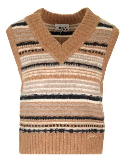 Ganni Alpaca And Merino Vest In Brown