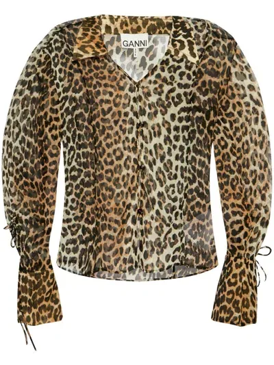 Ganni Animal-print Long-sleeve Blouse In 中性色