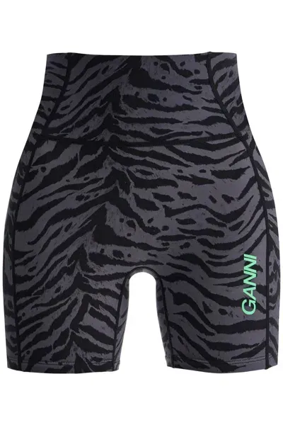 Ganni Animal Print Sports Shorts In Grey