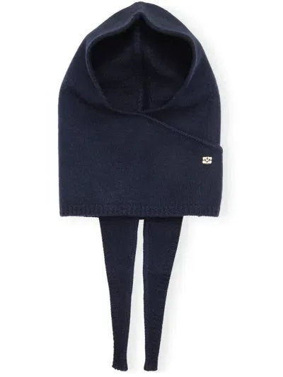 Ganni Appliqué-logo Wool Balaclava In Blue