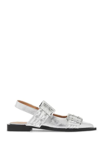 Ganni Ballerine Slingback Feminine Buckle In Silver