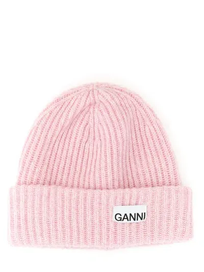 Ganni Beanie Hat With Logo Patch In Pink