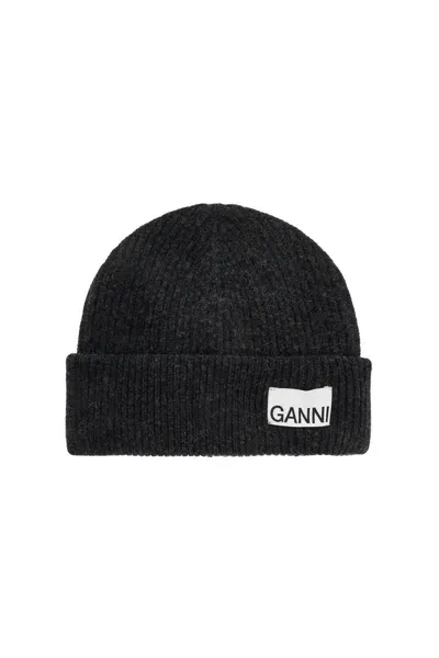 Ganni Beanie Hat With Logo Label In Burgundy