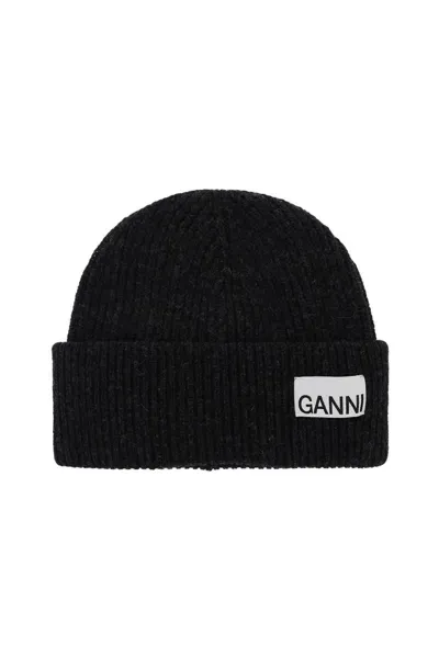 Ganni Beanie Hat With Logo Label In Nero