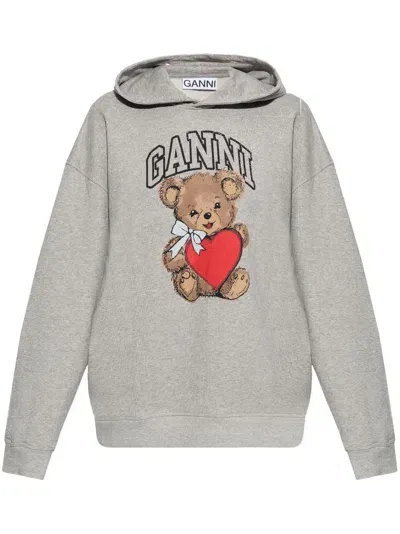 Ganni Bear-print Hoodie In Grey