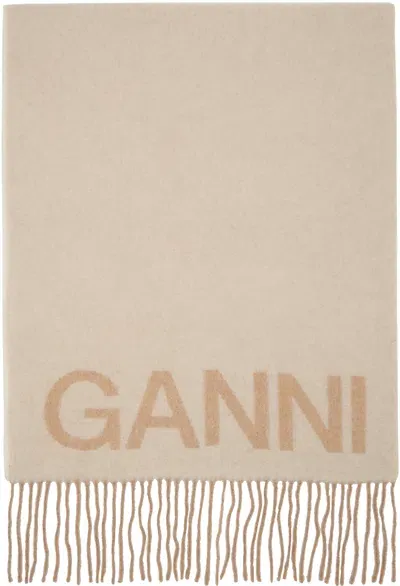 Ganni Tonal Logo Cream Wool Scarf In Off White