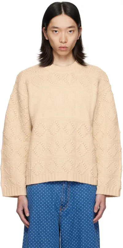 Ganni Beige Wool & Cotton Sweater In Egret