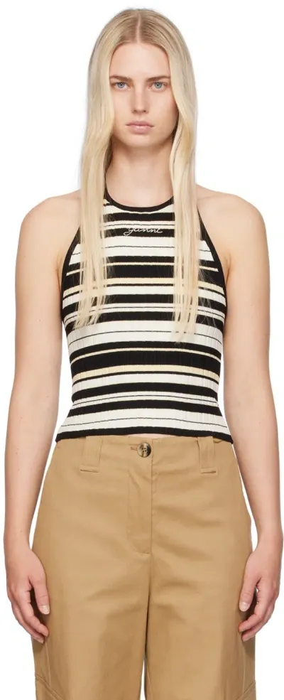 Ganni Black & Off-white Halter Tank Top In 999 Multicolour