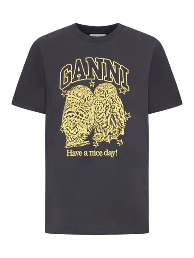 Ganni Black Basic Jersey Owls Relaxed T-shirt In Nude & Neutrals