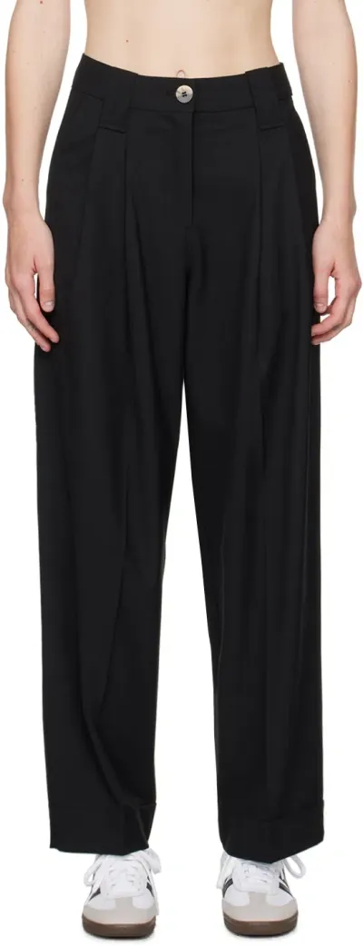 Ganni Drapey Melange Loose Pleat Trousers In Black