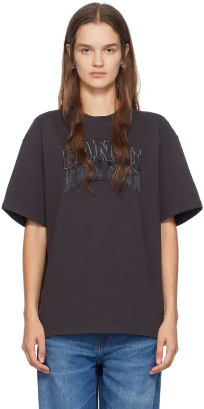 Ganni Black Heavy Cotton Fringed T-shirt In 252 Phantom