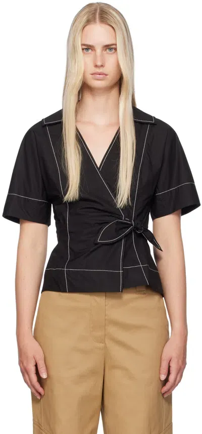 Ganni Black Wrap Blouse In 099 Black