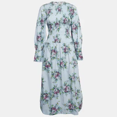 Pre-owned Ganni Blue Floral Print Shirred Cotton Midi Dress Xs