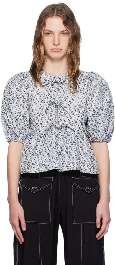 Ganni Blue Floral Printed Peplum Blouse In 561 Glacier Lake