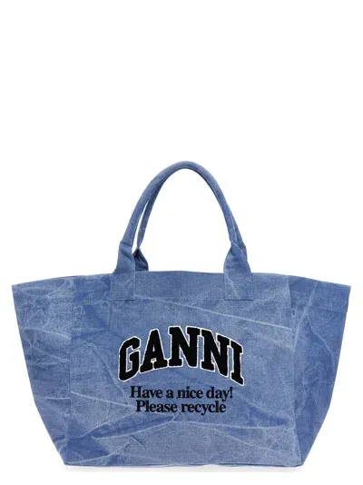 Ganni Blue Oversized Canvas Tote Bag In Azul Claro