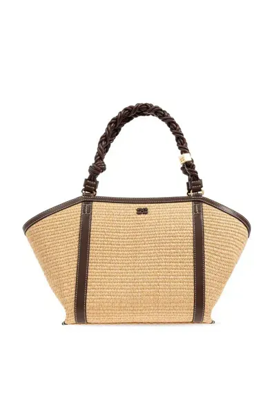 Ganni Medium Bou Raffia Effect Tote Bag In Brown