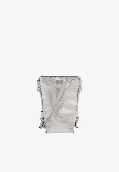 Ganni Bou Metallic Leather Crossbody Bag In Silver