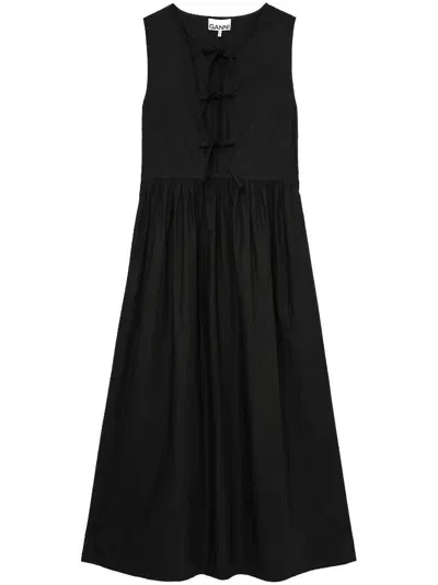 Ganni Bow-detail Cotton Midi Dress In Black