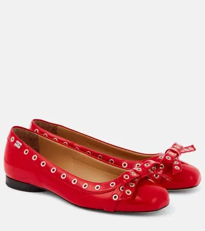 Ganni Bow-detail Faux Leather Ballet Flats In Red