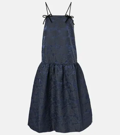 Ganni Bow-detail Floral Jacquard Midi Dress In Blue