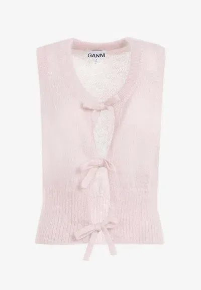 Ganni Bow-embellished Mohair-blend Vest In Pink