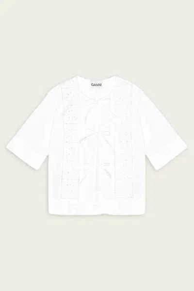 Ganni Broderie Anglaise Tie Blouse In Bright White