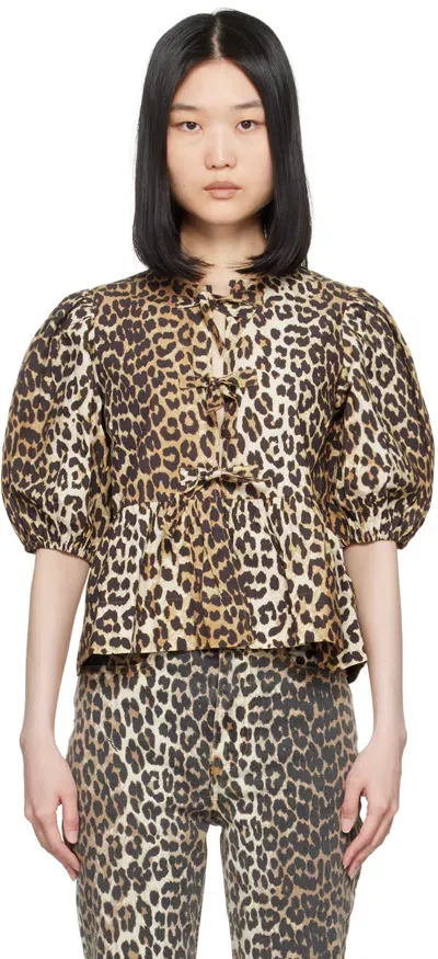 Ganni Brown & Black Peplum Tie Blouse In 943 Leopard