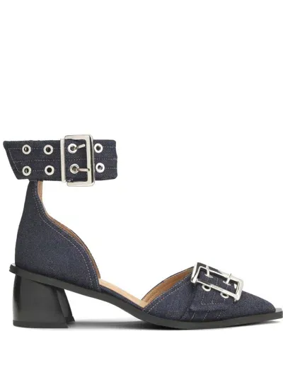 Ganni Buckle-detail 50mm Denim Pumps In Blue