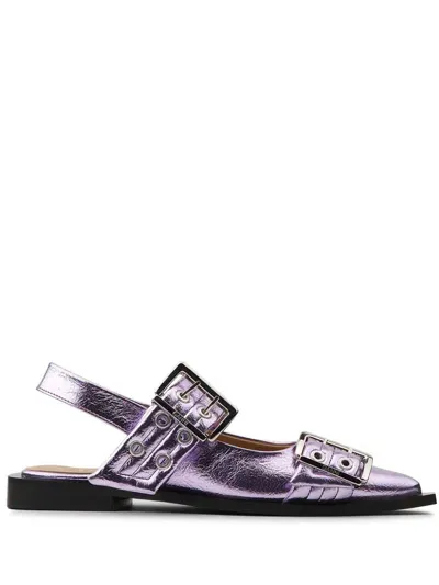 Ganni Buckle-detail Metallic Ballet Flats In Purple