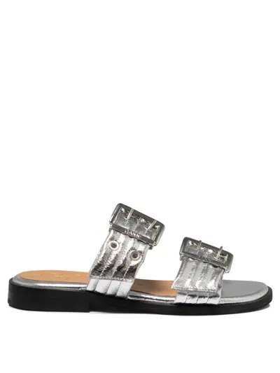 Ganni Buckle Sandals In Silver