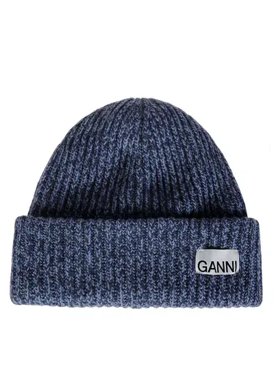 Ganni Cappello Lana Logo In Blue