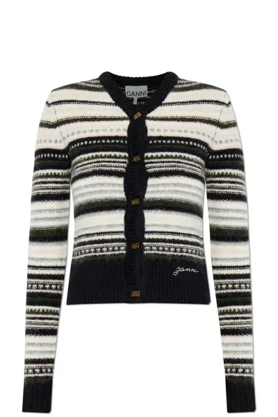 Ganni Cardigan With Stripe Pattern In Black