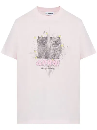 Ganni Cats-print T-shirt In Pink