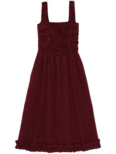 Ganni Check-print Midi Dress In Winery