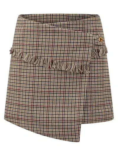 Ganni Check Wool Skirt In Beige